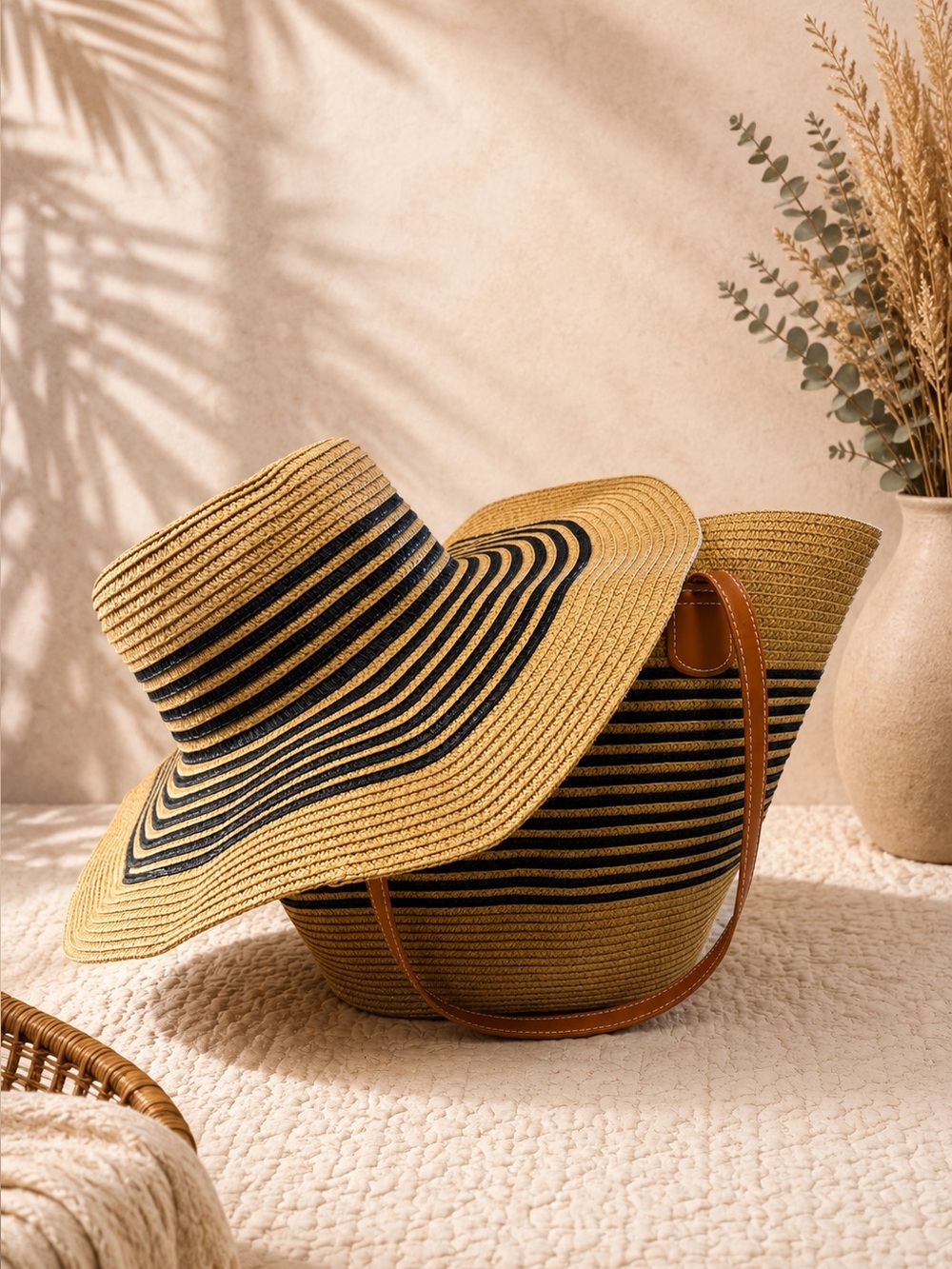 Beige Straw Hat & Tote with Black Stripes and Tan Handles